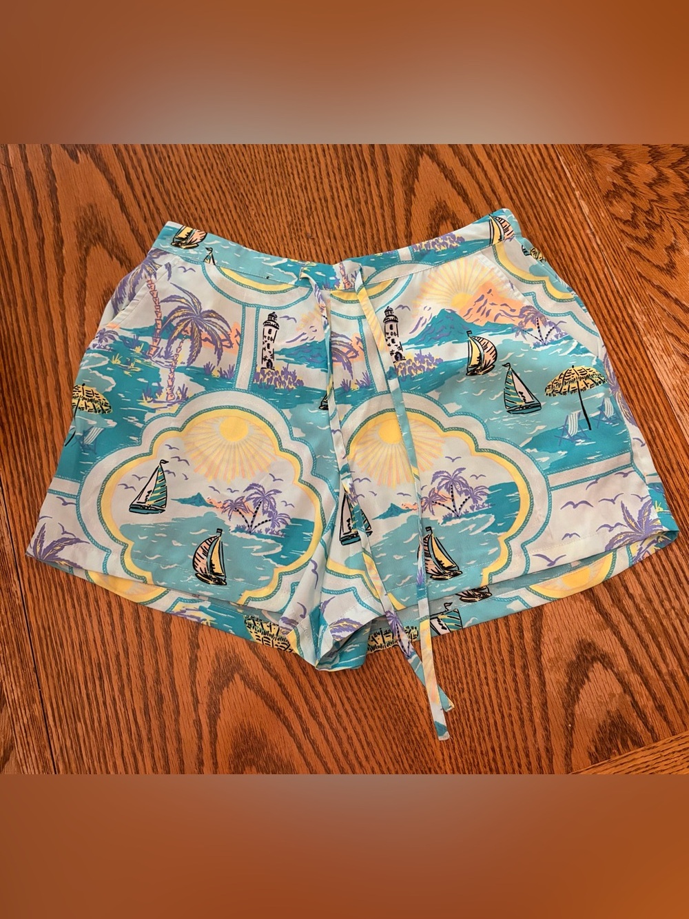 Cynthia Rowley Coastal Sailboat Print Pajama Shorts Pockets Drawstring Sz M